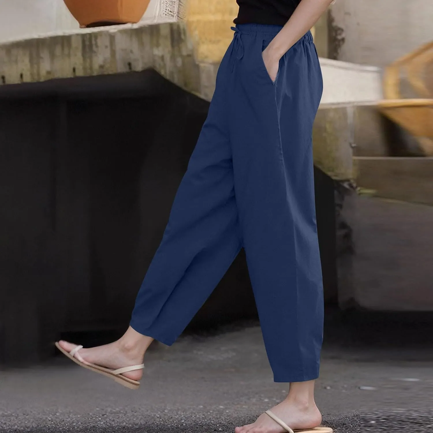 ADHOWBEW Linen Blend Pants for Women Work Cotton Petite Plus Size Stretch Casual Dressy Lounge Flowy Pants