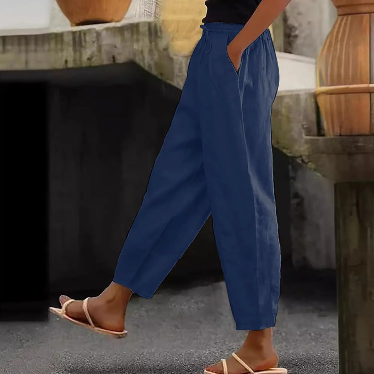 ADHOWBEW Linen Blend Pants for Women Work Cotton Petite Plus Size Stretch Casual Dressy Lounge Flowy Pants