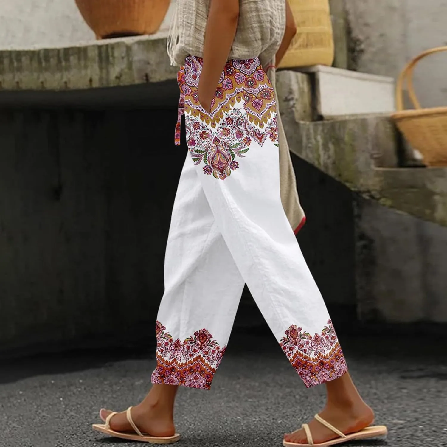 ADHOWBEW Women Linen Pants Plus Size Petite Dressy Cotton Stretch Work Casual Flowy High Waisted Lounge Pants