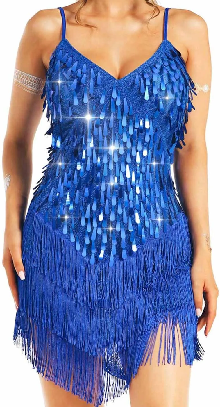 Aukmla Women Sparkly Sequin Fringe Mini Dress Sleeveless Latin Dance Tassel Dresses