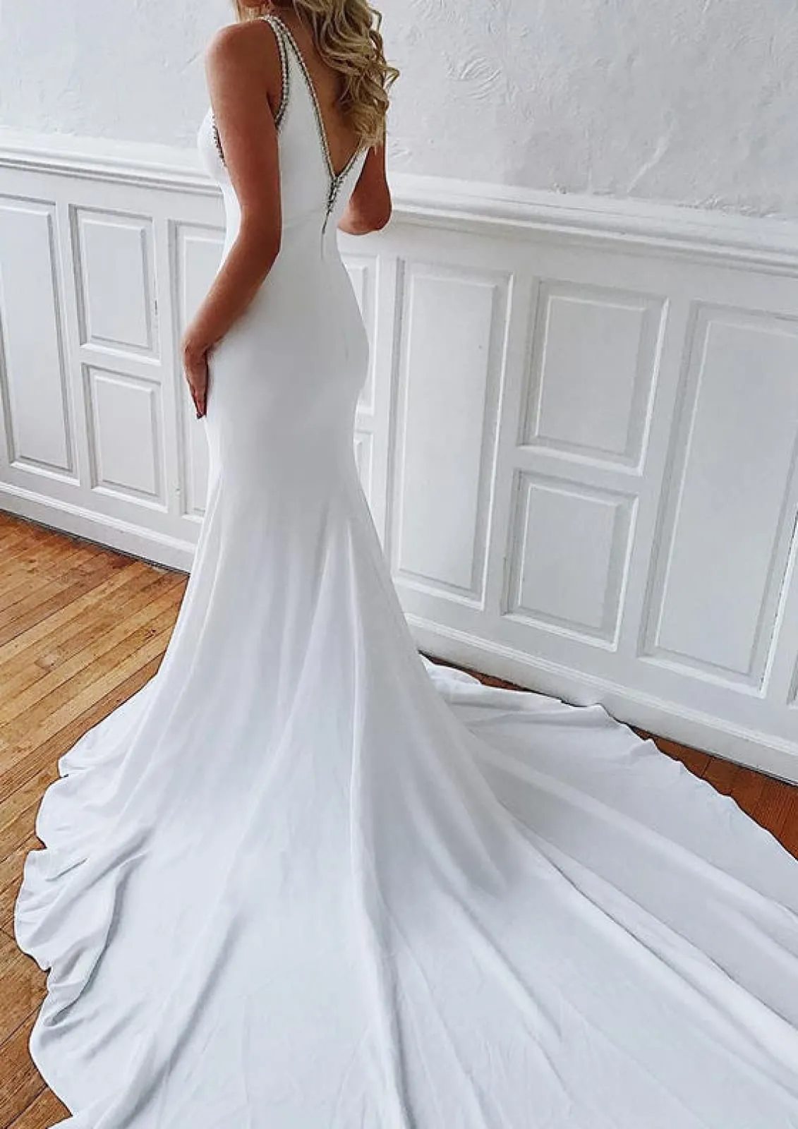 Bateau Sleeveless Mermaid Elastic Satin Wedding Dress, Fishtail
