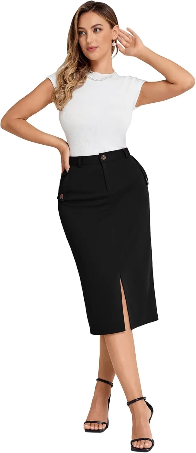 Belle Poque Women's Pencil Skirt High Waisted Office Business Casual Skirt Midi Bodycon Skirt with Slit