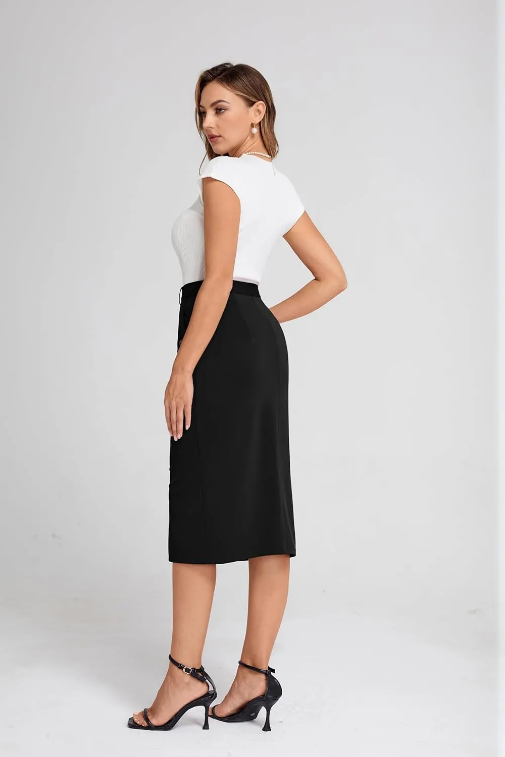 Belle Poque Women's Pencil Skirt High Waisted Office Business Casual Skirt Midi Bodycon Skirt with Slit