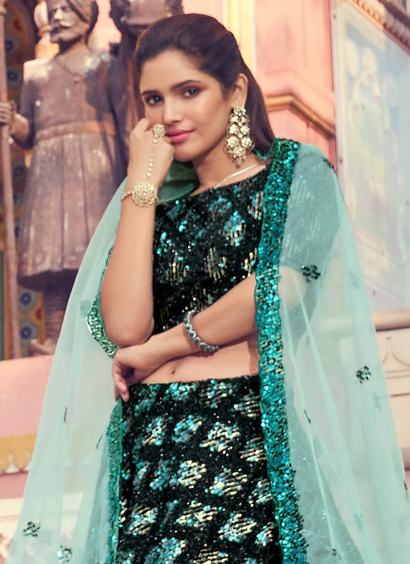 Black And Turquoise Sequence Embroidered Lehenga Choli