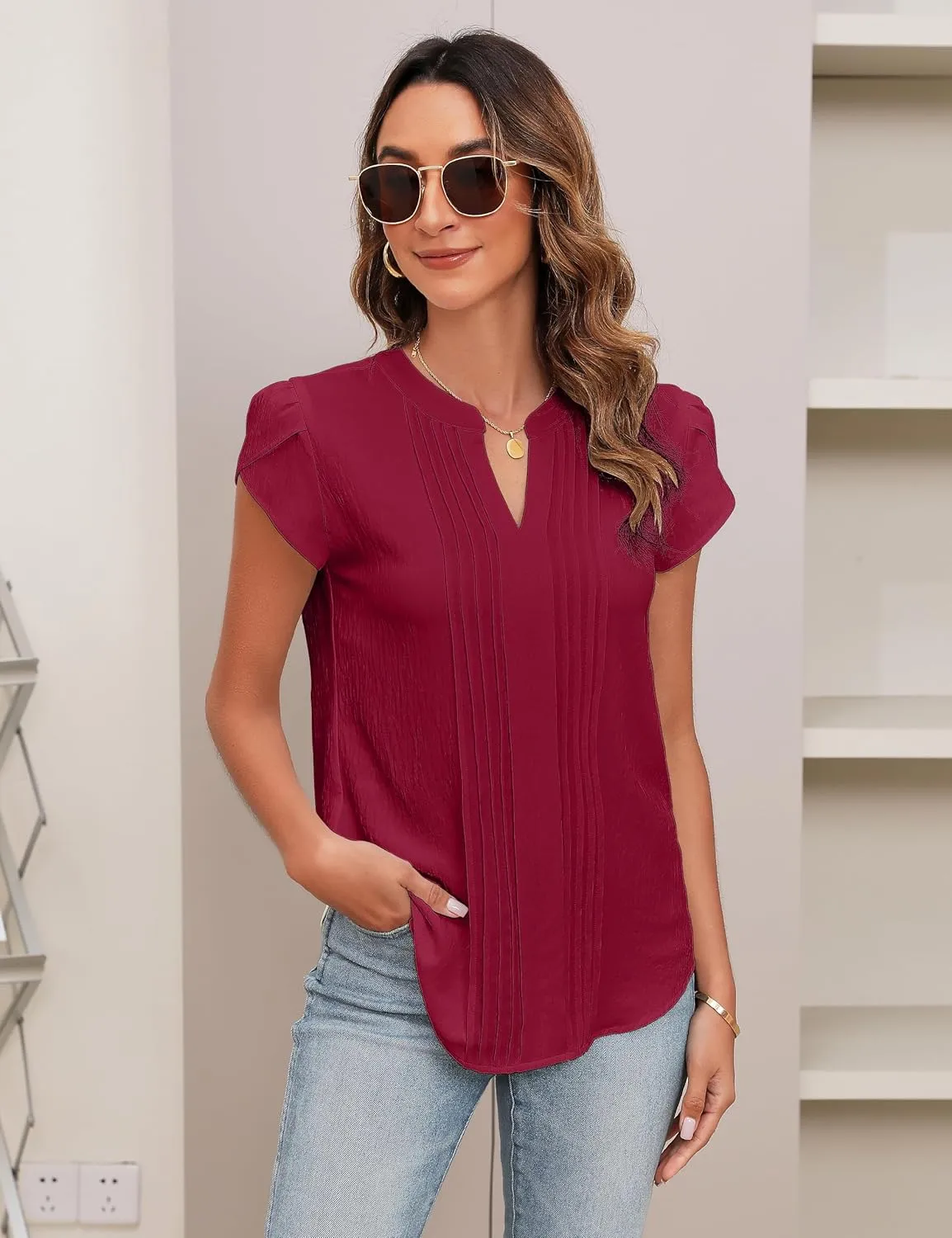 Blooming Jelly Womens Blouses Dressy Causal V Neck Pintuck Short Petal Sleeve Business Tops Ladies Summer Trendy Work Shirt