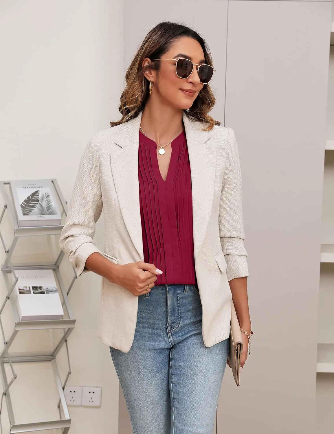 Blooming Jelly Womens Blouses Dressy Causal V Neck Pintuck Short Petal Sleeve Business Tops Ladies Summer Trendy Work Shirt