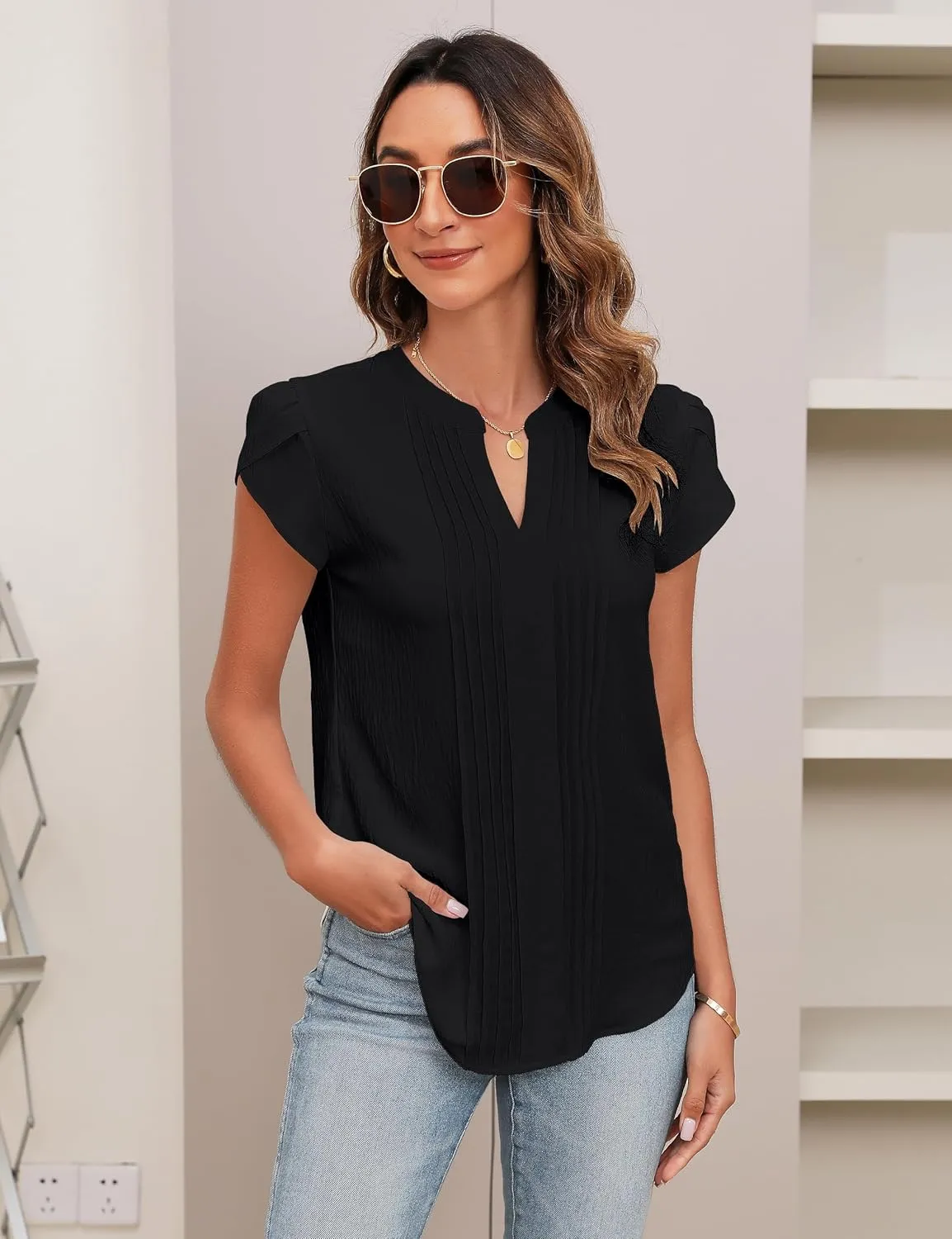 Blooming Jelly Womens Blouses Dressy Causal V Neck Pintuck Short Petal Sleeve Business Tops Ladies Summer Trendy Work Shirt