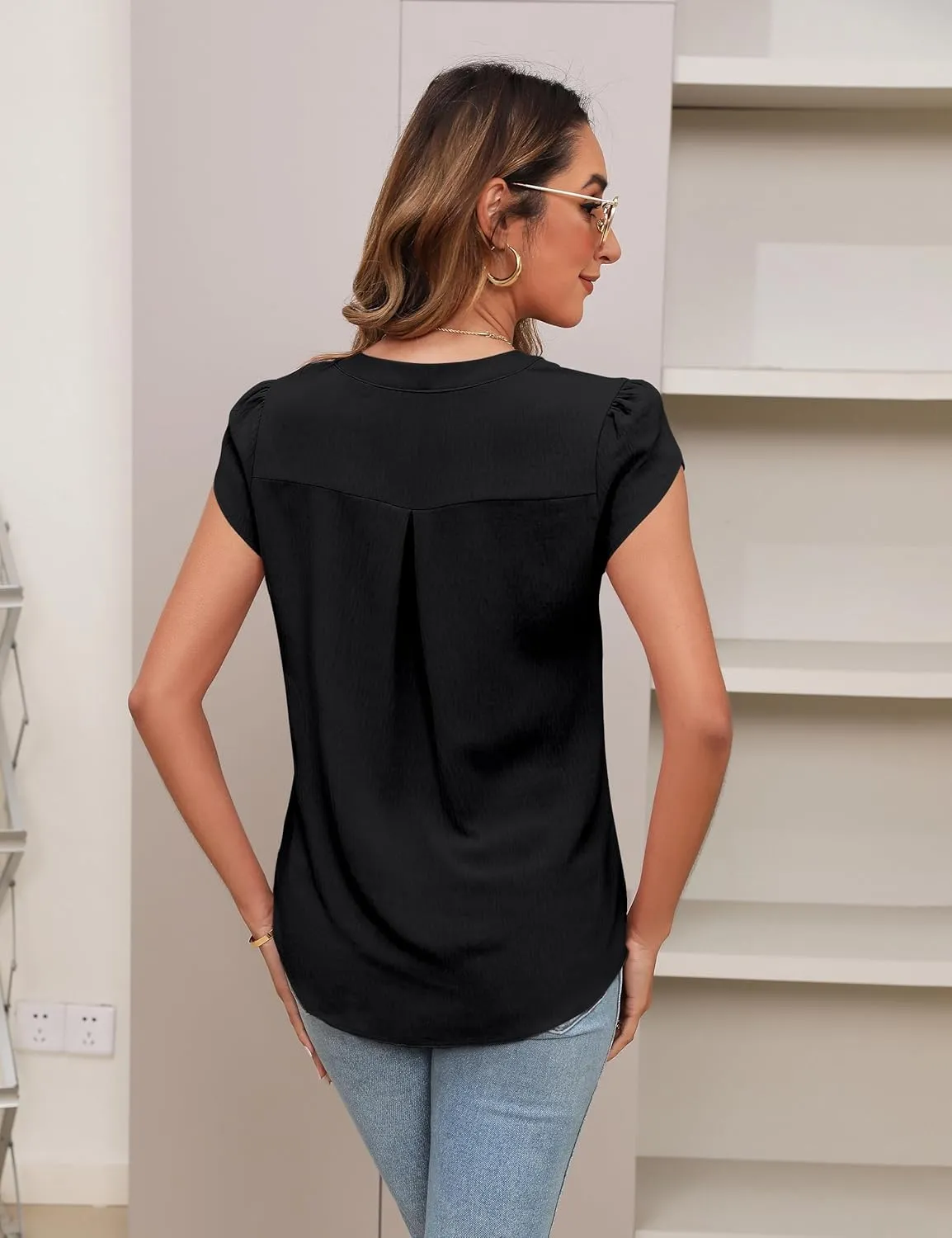Blooming Jelly Womens Blouses Dressy Causal V Neck Pintuck Short Petal Sleeve Business Tops Ladies Summer Trendy Work Shirt