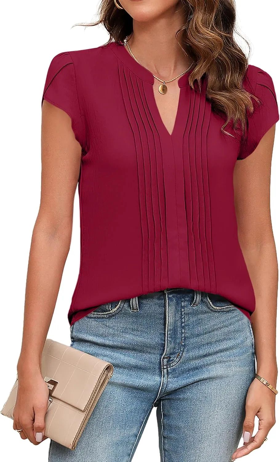 Blooming Jelly Womens Blouses Dressy Causal V Neck Pintuck Short Petal Sleeve Business Tops Ladies Summer Trendy Work Shirt