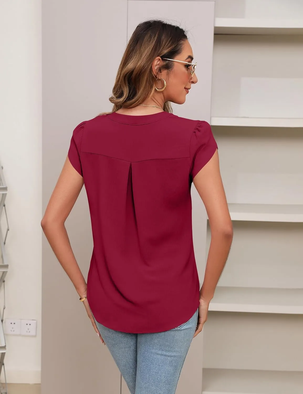 Blooming Jelly Womens Blouses Dressy Causal V Neck Pintuck Short Petal Sleeve Business Tops Ladies Summer Trendy Work Shirt