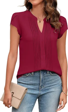 Blooming Jelly Womens Blouses Dressy Causal V Neck Pintuck Short Petal Sleeve Business Tops Ladies Summer Trendy Work Shirt