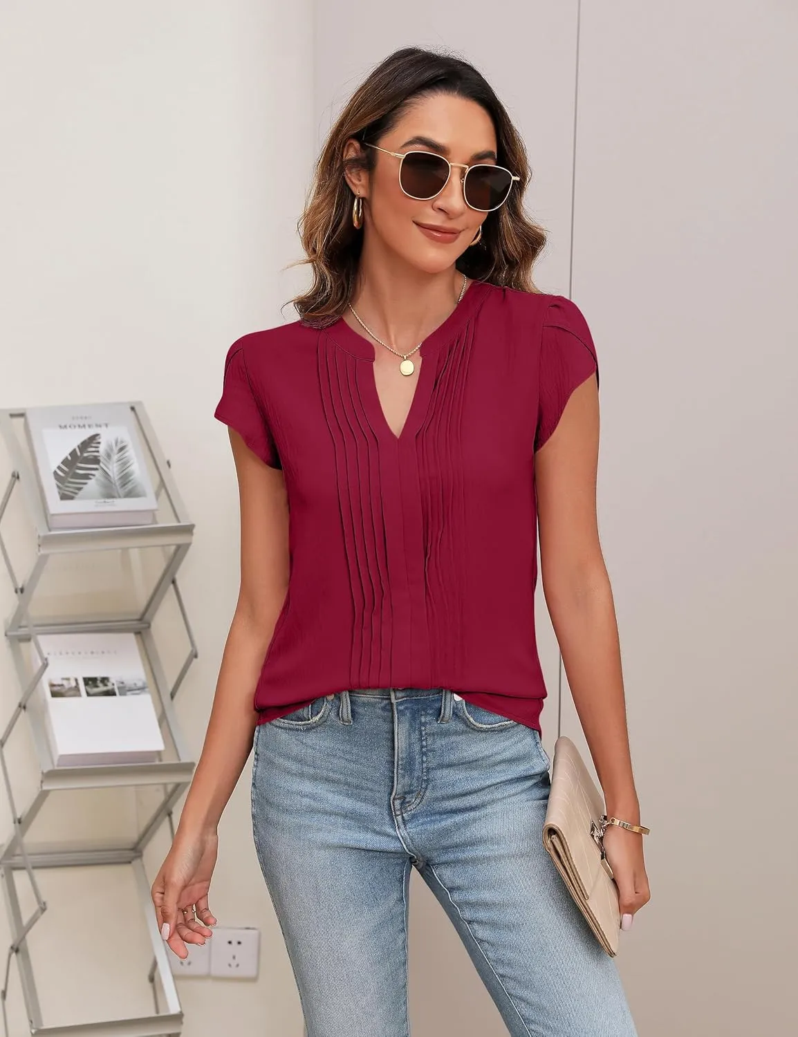 Blooming Jelly Womens Blouses Dressy Causal V Neck Pintuck Short Petal Sleeve Business Tops Ladies Summer Trendy Work Shirt