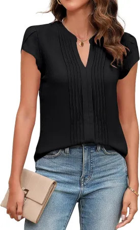Blooming Jelly Womens Blouses Dressy Causal V Neck Pintuck Short Petal Sleeve Business Tops Ladies Summer Trendy Work Shirt