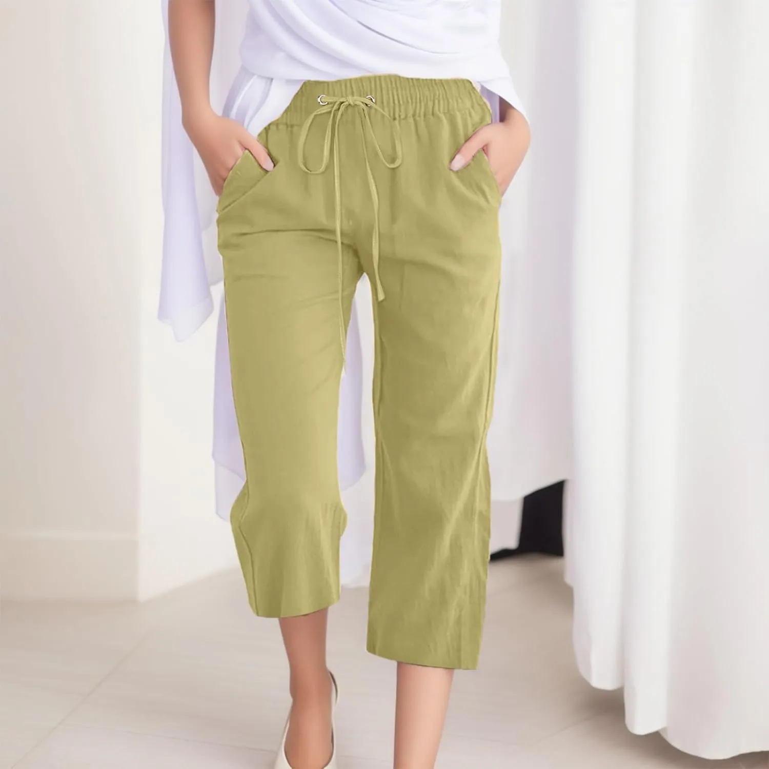 Capri Pants for Women Dressy 2025 Cotton Linen Summer Straight Wide Leg Drawstring Elastic Waist Cropped Trouser