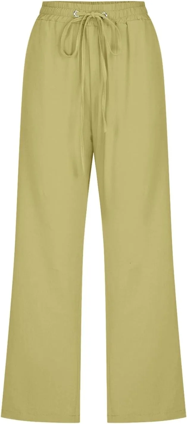 Capri Pants for Women Dressy 2025 Cotton Linen Summer Straight Wide Leg Drawstring Elastic Waist Cropped Trouser