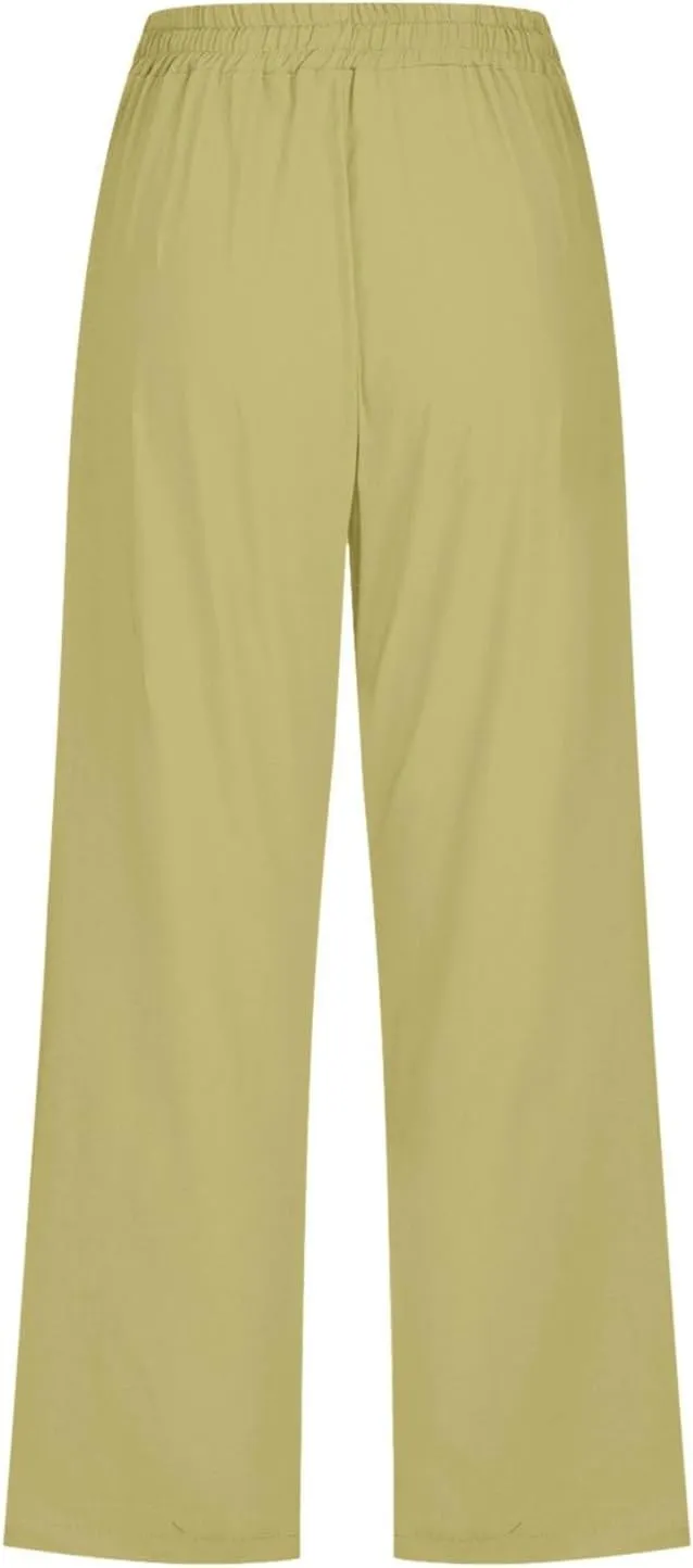 Capri Pants for Women Dressy 2025 Cotton Linen Summer Straight Wide Leg Drawstring Elastic Waist Cropped Trouser