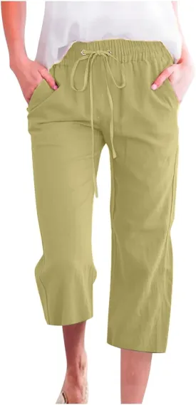 Capri Pants for Women Dressy 2025 Cotton Linen Summer Straight Wide Leg Drawstring Elastic Waist Cropped Trouser