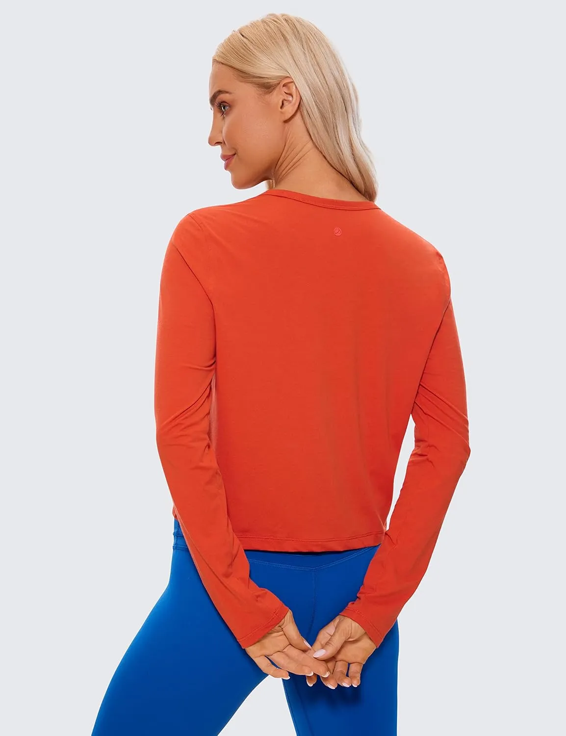 CRZ YOGA Pima Cotton Long Sleeve Workout Shirts for Women Loose Cropped Tops Athletic Sports T-Shirt