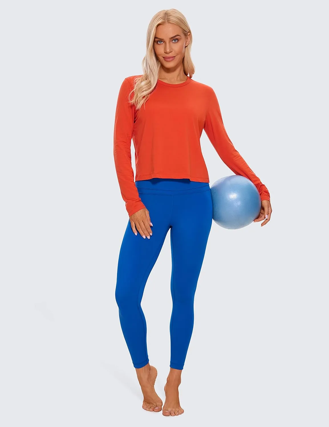 CRZ YOGA Pima Cotton Long Sleeve Workout Shirts for Women Loose Cropped Tops Athletic Sports T-Shirt