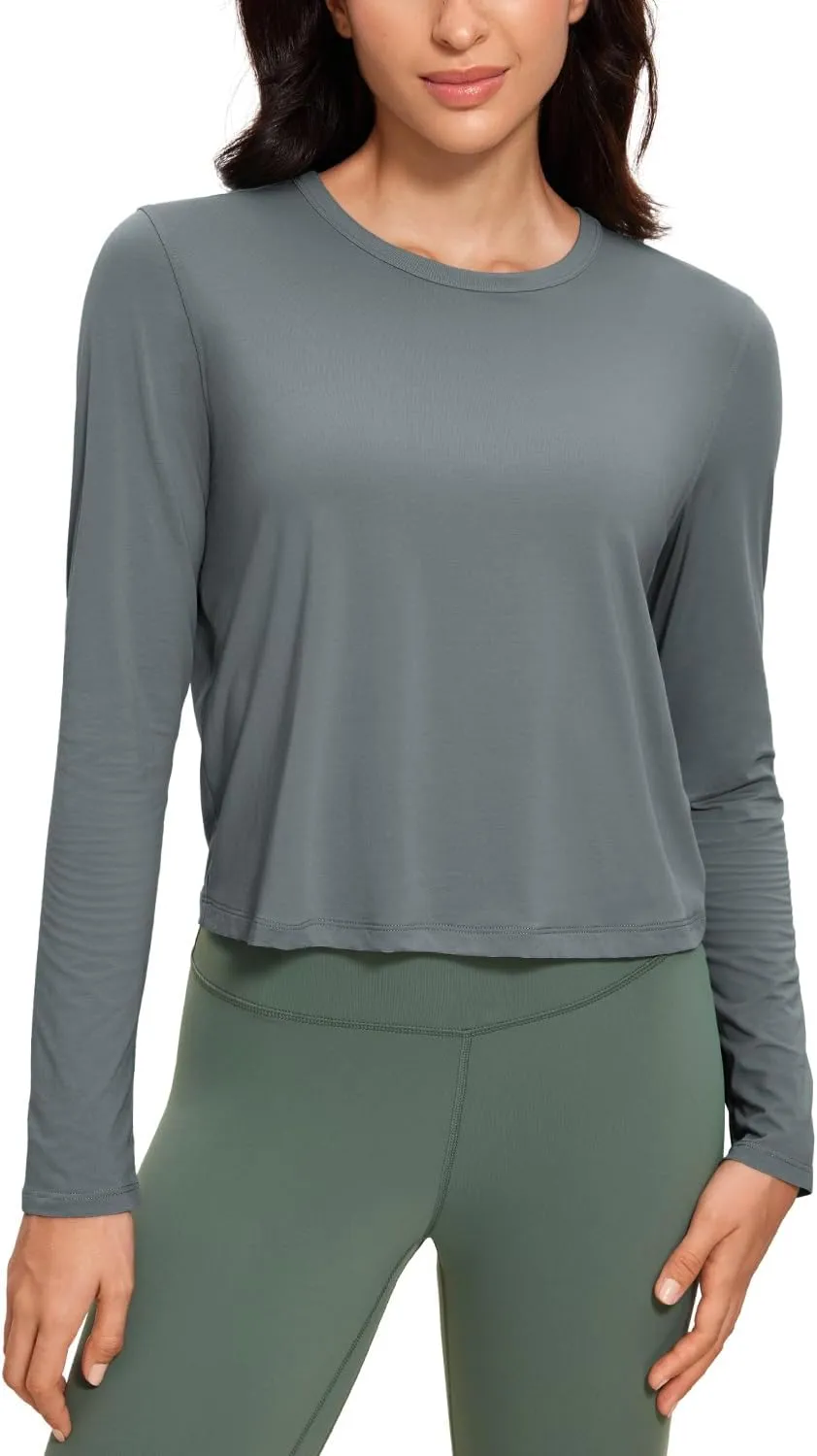 CRZ YOGA Pima Cotton Long Sleeve Workout Shirts for Women Loose Cropped Tops Athletic Sports T-Shirt