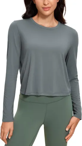 CRZ YOGA Pima Cotton Long Sleeve Workout Shirts for Women Loose Cropped Tops Athletic Sports T-Shirt