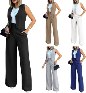 Elegant & Casual Women's Fashionable Blazer Vest & Wide-Leg Pants Set - Stylish & Comfortable for Daily Wear