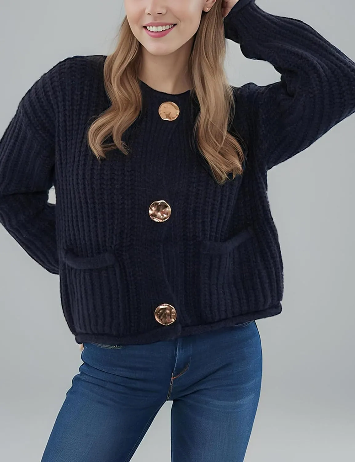 Flygo Cropped Cardigan Sweaters for Women Long Sleeve Cable Knit Cardigan Open Front Chunky Cardigan Sweaters with Pockets