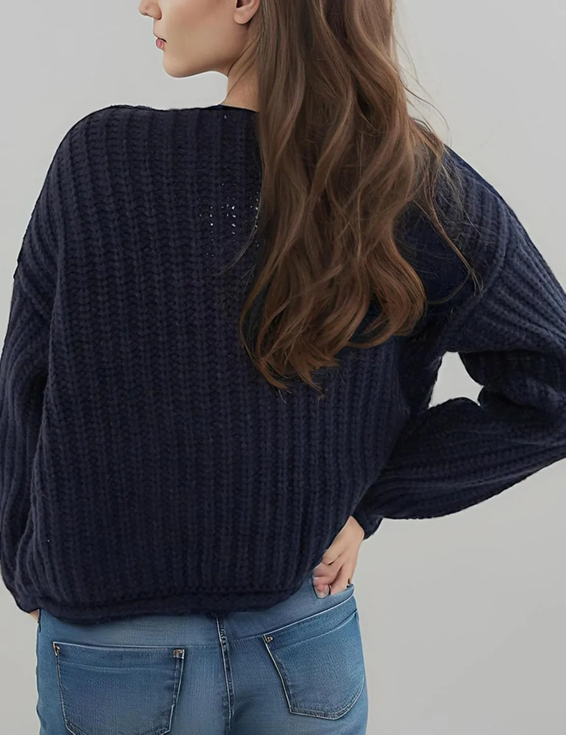 Flygo Cropped Cardigan Sweaters for Women Long Sleeve Cable Knit Cardigan Open Front Chunky Cardigan Sweaters with Pockets