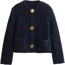 Flygo Cropped Cardigan Sweaters for Women Long Sleeve Cable Knit Cardigan Open Front Chunky Cardigan Sweaters with Pockets