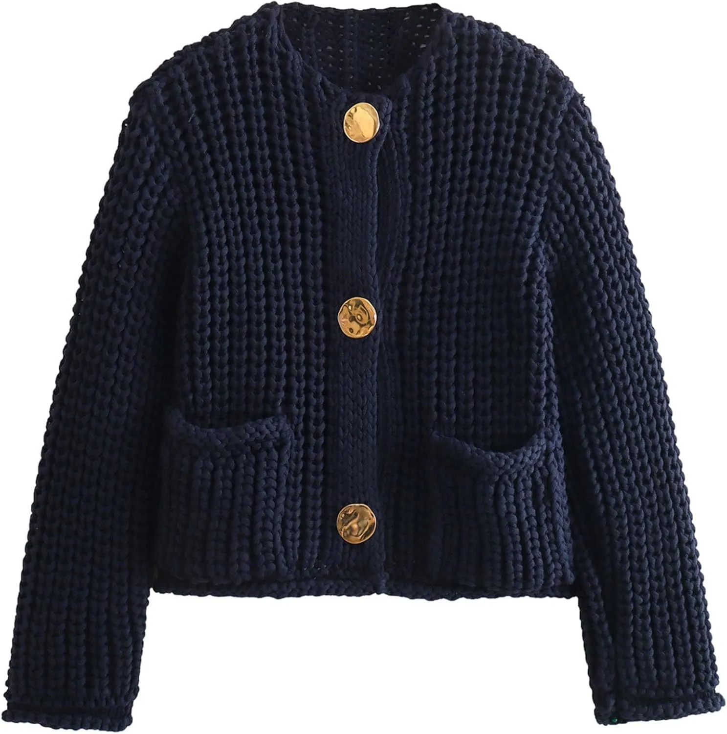 Flygo Cropped Cardigan Sweaters for Women Long Sleeve Cable Knit Cardigan Open Front Chunky Cardigan Sweaters with Pockets