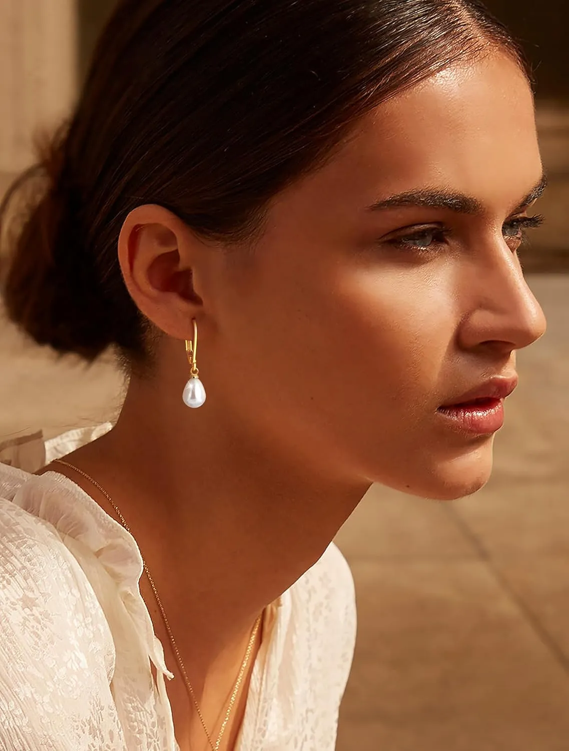 Gold Pearl Earrings for Women: Trendy Bow Earrings, 14k Gold Plated, Dainty Drop Pearl, Hypoallergenic Studs, Sparkly Diamond Hoops