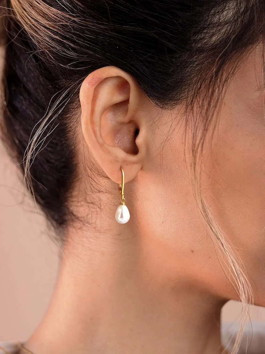 Gold Pearl Earrings for Women: Trendy Bow Earrings, 14k Gold Plated, Dainty Drop Pearl, Hypoallergenic Studs, Sparkly Diamond Hoops