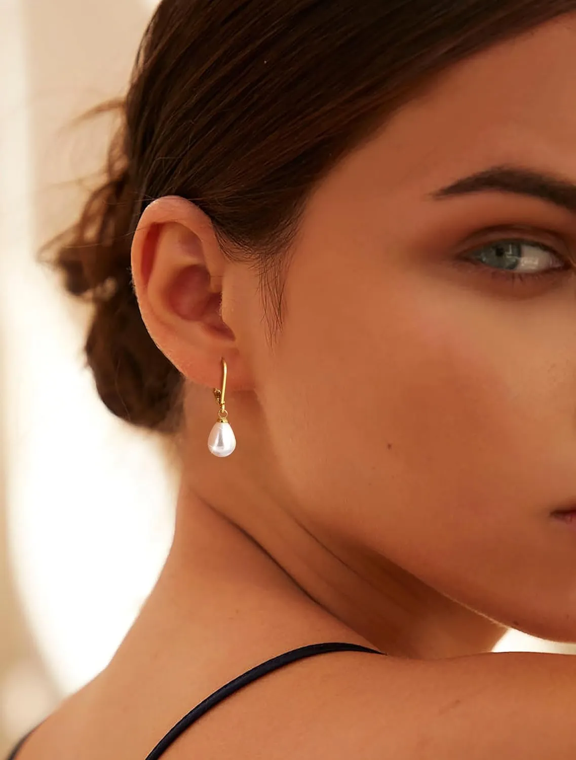 Gold Pearl Earrings for Women: Trendy Bow Earrings, 14k Gold Plated, Dainty Drop Pearl, Hypoallergenic Studs, Sparkly Diamond Hoops
