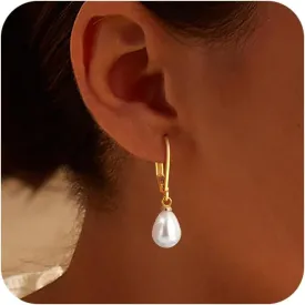 Gold Pearl Earrings for Women: Trendy Bow Earrings, 14k Gold Plated, Dainty Drop Pearl, Hypoallergenic Studs, Sparkly Diamond Hoops