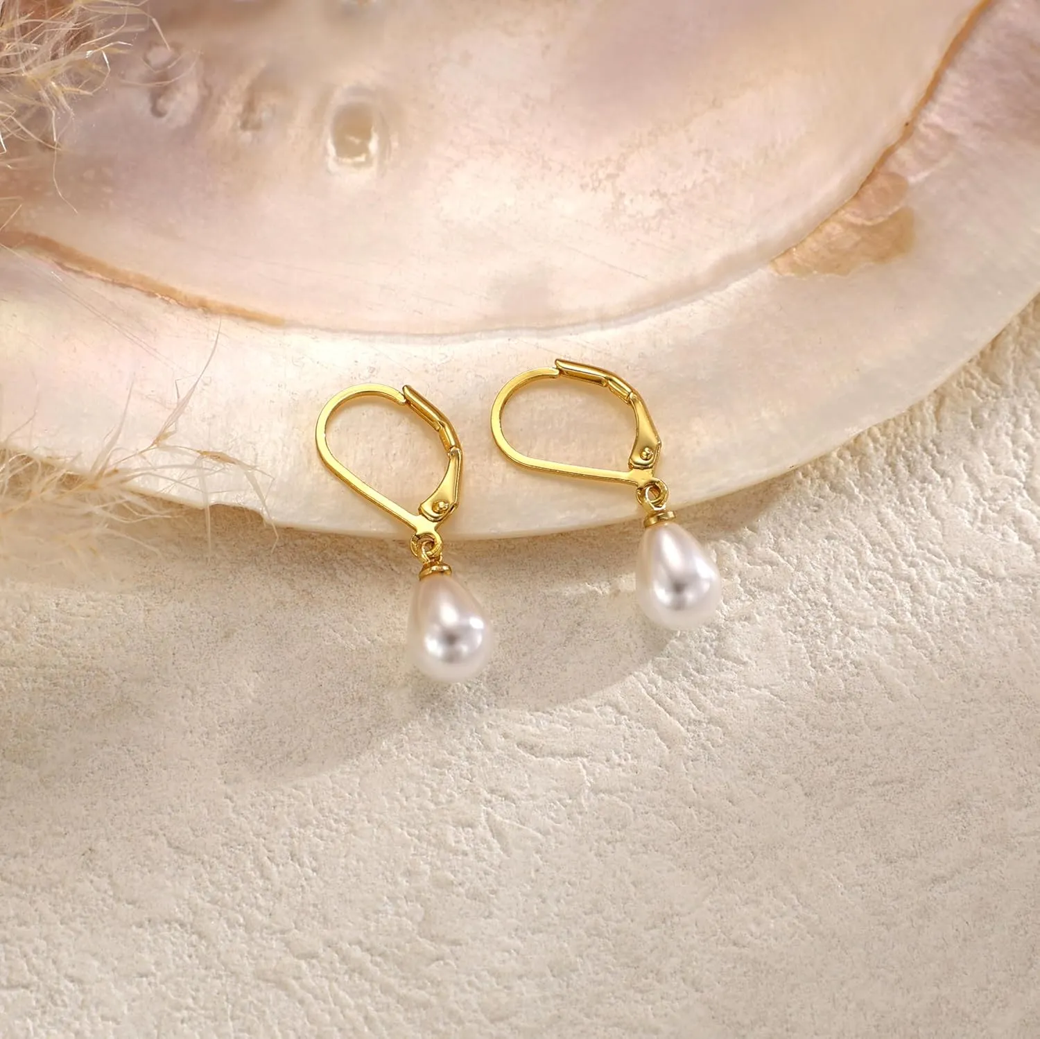 Gold Pearl Earrings for Women: Trendy Bow Earrings, 14k Gold Plated, Dainty Drop Pearl, Hypoallergenic Studs, Sparkly Diamond Hoops