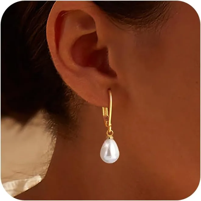 Gold Pearl Earrings for Women: Trendy Bow Earrings, 14k Gold Plated, Dainty Drop Pearl, Hypoallergenic Studs, Sparkly Diamond Hoops