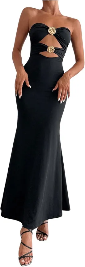 GORGLITTER Women's Flower Strapless Bodycon Maxi Dress Cut Out Sleeveless Fishtail Cocktail Summer Tube Long Dresses