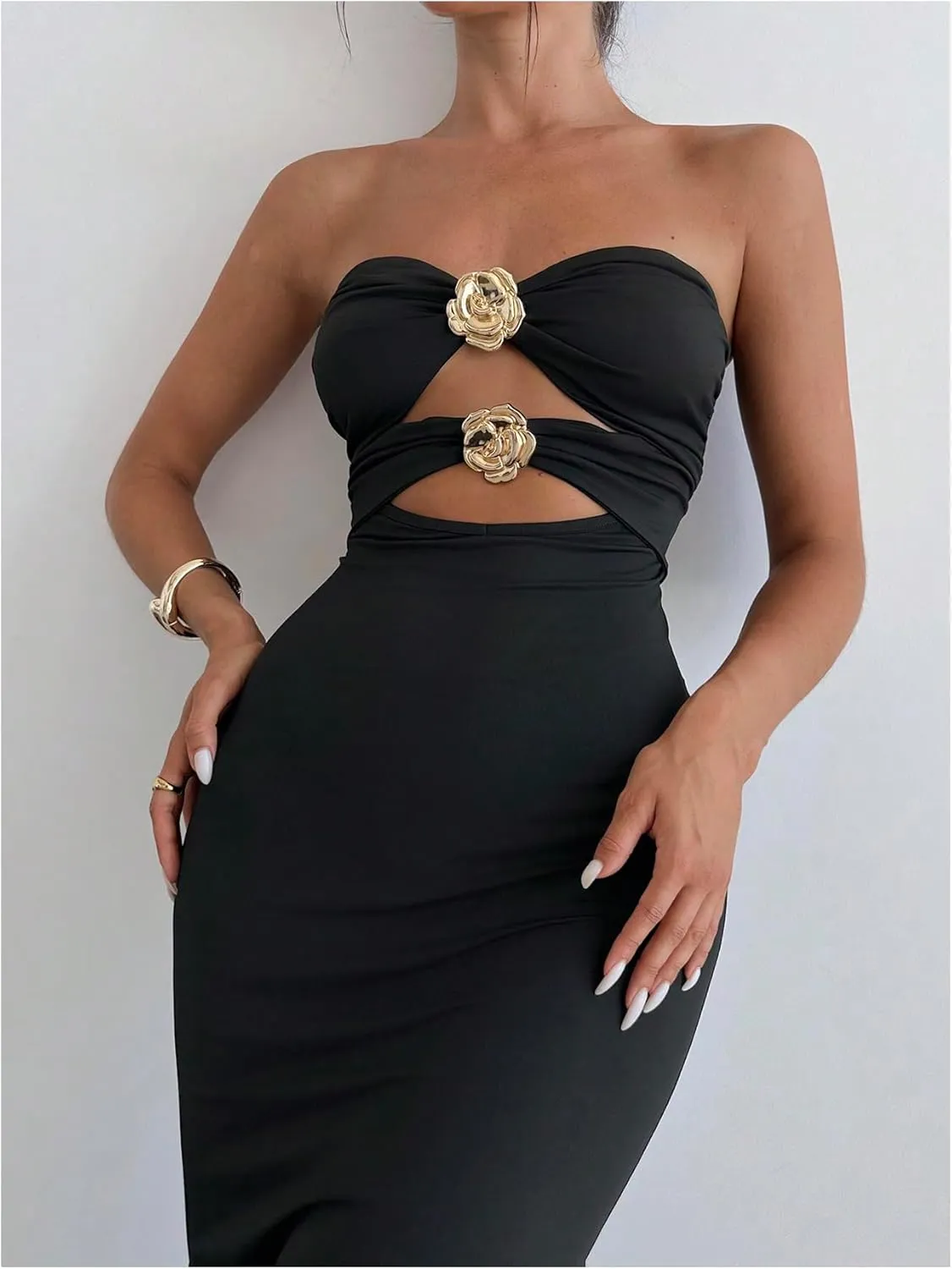 GORGLITTER Women's Flower Strapless Bodycon Maxi Dress Cut Out Sleeveless Fishtail Cocktail Summer Tube Long Dresses