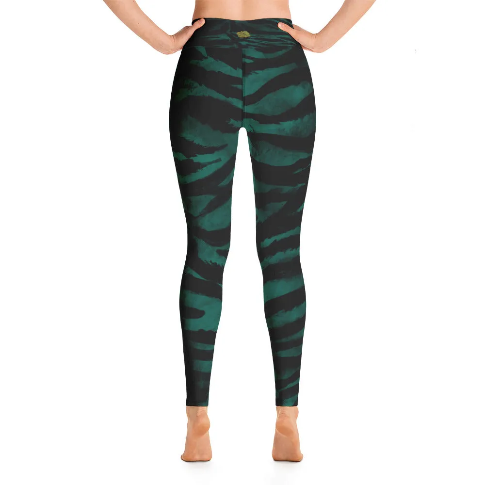 Green Tiger Stripe Print Women's Leggings, Animal Print Long Yoga Pants- Made in USA/EU