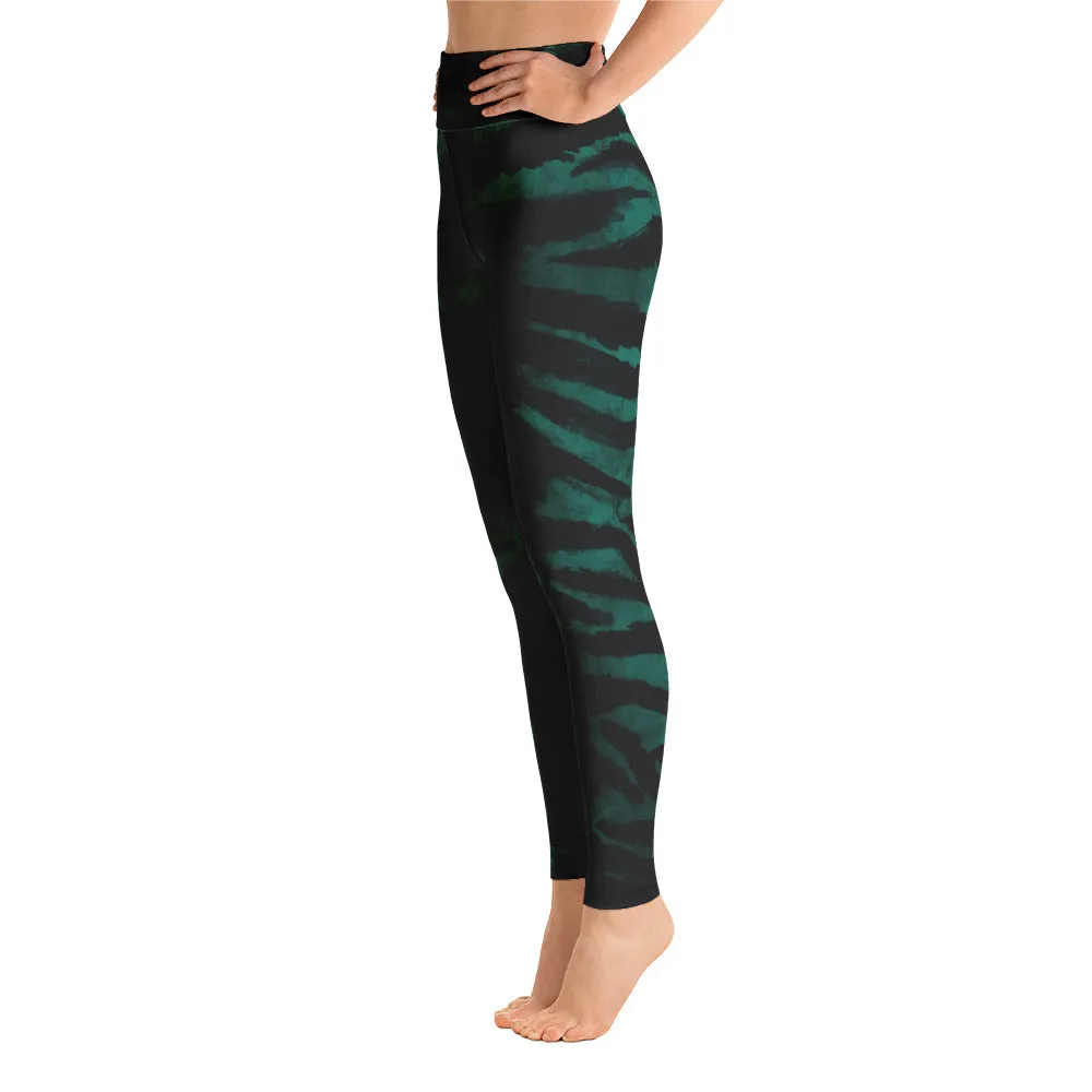 Green Tiger Stripe Print Women's Leggings, Animal Print Long Yoga Pants- Made in USA/EU