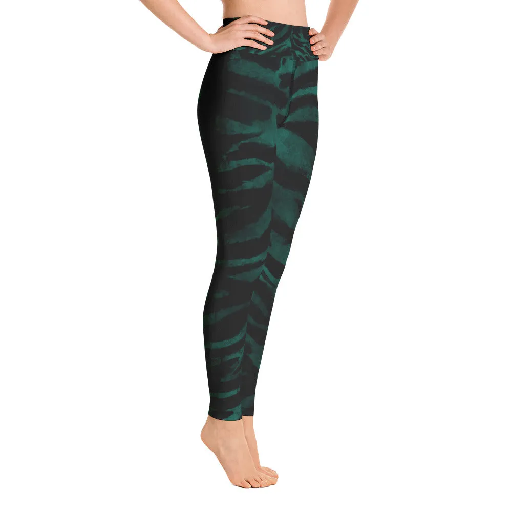 Green Tiger Stripe Print Women's Leggings, Animal Print Long Yoga Pants- Made in USA/EU