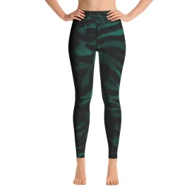 Green Tiger Stripe Print Women's Leggings, Animal Print Long Yoga Pants- Made in USA/EU
