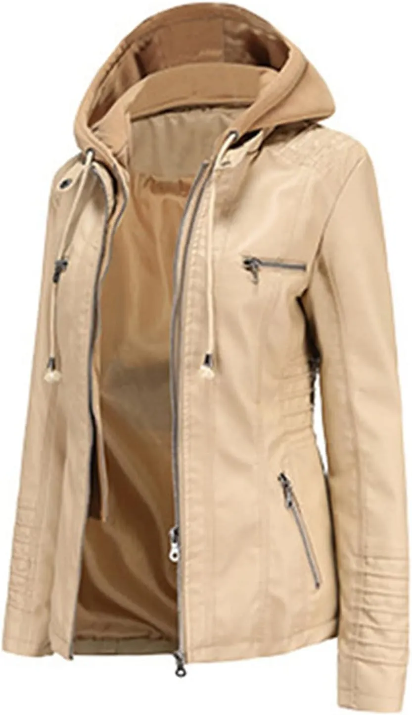 JEsilunmaMY Women's Leather Jacket with Removable Hooded Full Zip Long Sleeve Moto Biker Coat Plus Size Motorcycle Jackets