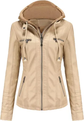 JEsilunmaMY Women's Leather Jacket with Removable Hooded Full Zip Long Sleeve Moto Biker Coat Plus Size Motorcycle Jackets