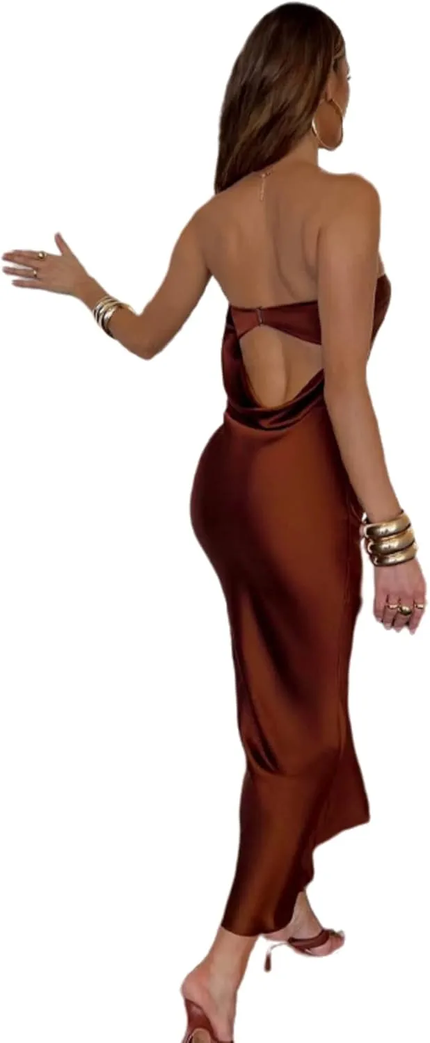JUMISEE Women's Satin Strapless Maxi Dress Sexy Sleeveless Backless Draped Bodycon Long Cocktail Evening Party Dress