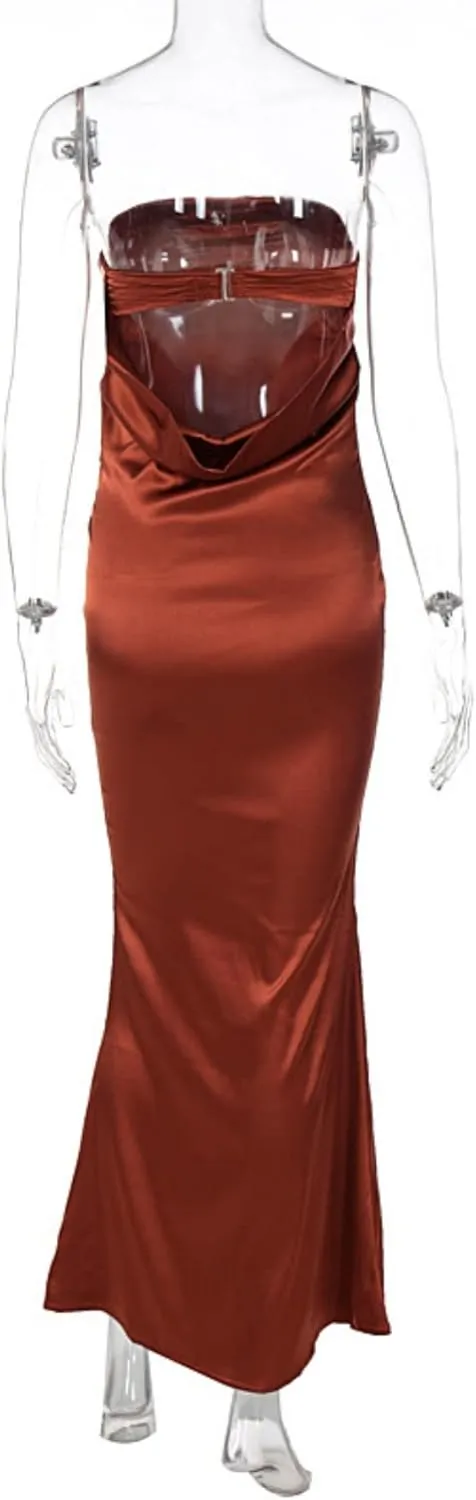 JUMISEE Women's Satin Strapless Maxi Dress Sexy Sleeveless Backless Draped Bodycon Long Cocktail Evening Party Dress