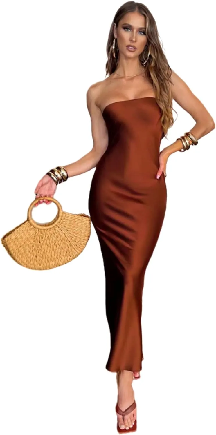 JUMISEE Women's Satin Strapless Maxi Dress Sexy Sleeveless Backless Draped Bodycon Long Cocktail Evening Party Dress