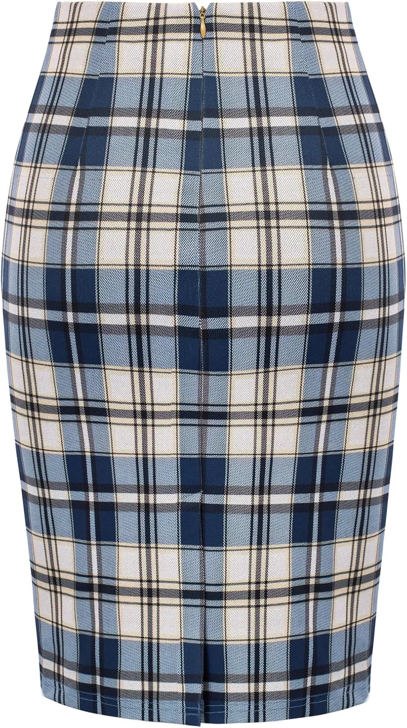 Kate Kasin Womens Knee Length Elastic Waist Stretchy Bodycon Plaid Business Pencil Skirt
