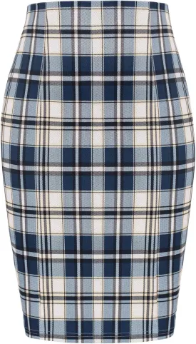 Kate Kasin Womens Knee Length Elastic Waist Stretchy Bodycon Plaid Business Pencil Skirt