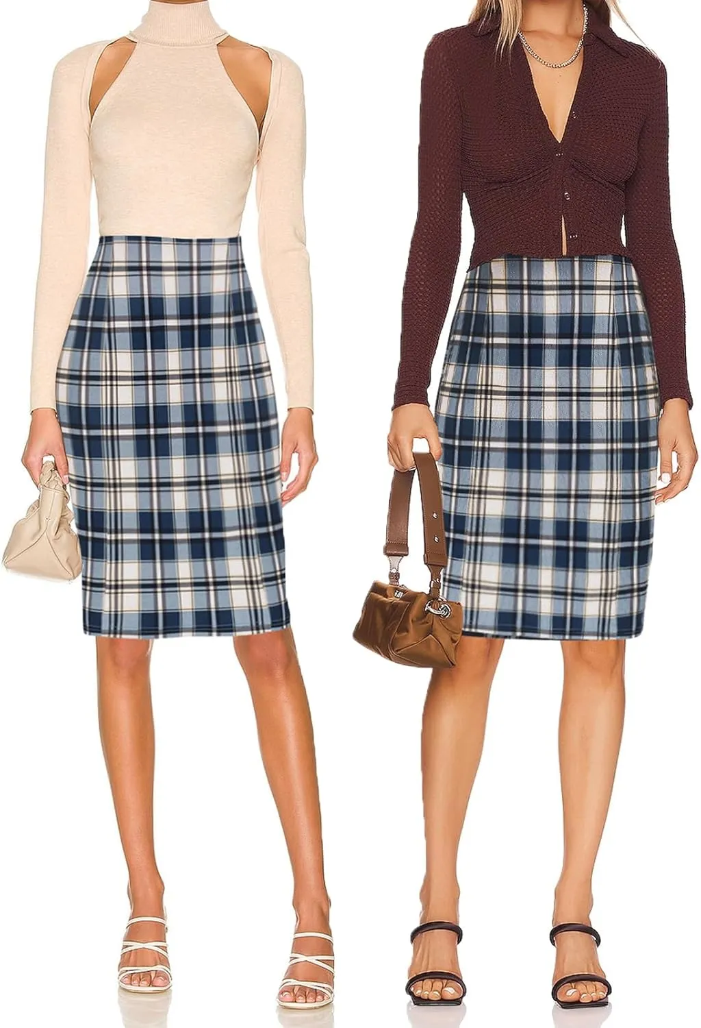 Kate Kasin Womens Knee Length Elastic Waist Stretchy Bodycon Plaid Business Pencil Skirt